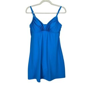 Lands' End Swim Dress Size 10L‎ Tall Ruched V-Neck Blue Babydoll Beach Vacation